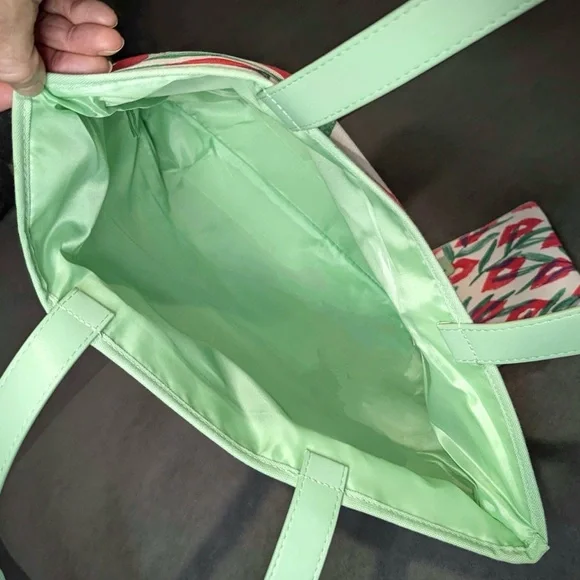Clinique Green and Red Floral Tote with Pouch - Picture 3 of 4